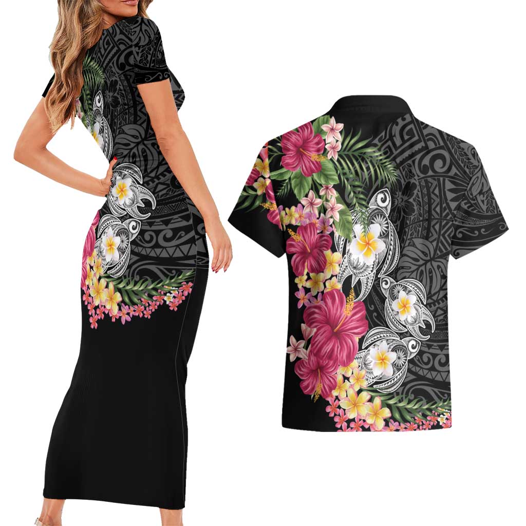Hawaiian Tropical Flowers and Tribal Turtles Couples Matching Short Sleeve Bodycon Dress and Hawaiian Shirt Polynesian Art Motifs Black Color - Polynesian Pride