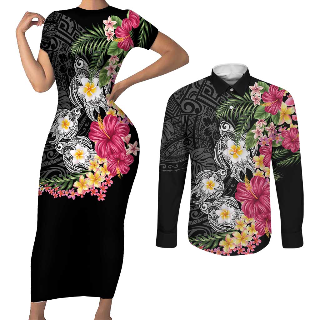 Hawaiian Tropical Flowers and Tribal Turtles Couples Matching Short Sleeve Bodycon Dress and Long Sleeve Button Shirt Polynesian Art Motifs Black Color - Polynesian Pride