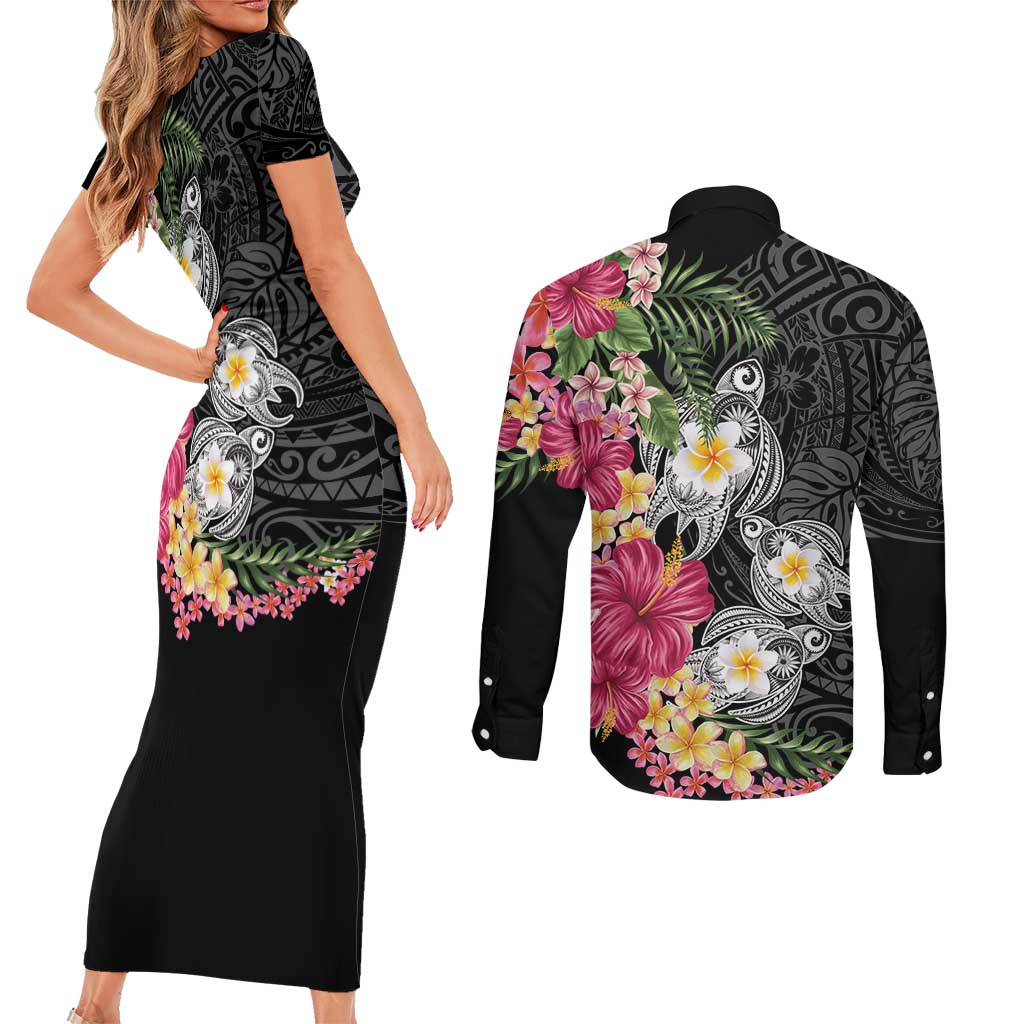 Hawaiian Tropical Flowers and Tribal Turtles Couples Matching Short Sleeve Bodycon Dress and Long Sleeve Button Shirt Polynesian Art Motifs Black Color - Polynesian Pride