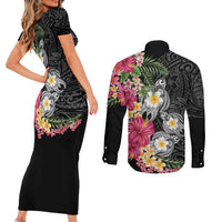 Hawaiian Tropical Flowers and Tribal Turtles Couples Matching Short Sleeve Bodycon Dress and Long Sleeve Button Shirt Polynesian Art Motifs Black Color - Polynesian Pride