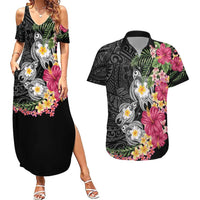Hawaiian Tropical Flowers and Tribal Turtles Couples Matching Summer Maxi Dress and Hawaiian Shirt Polynesian Art Motifs Black Color - Polynesian Pride