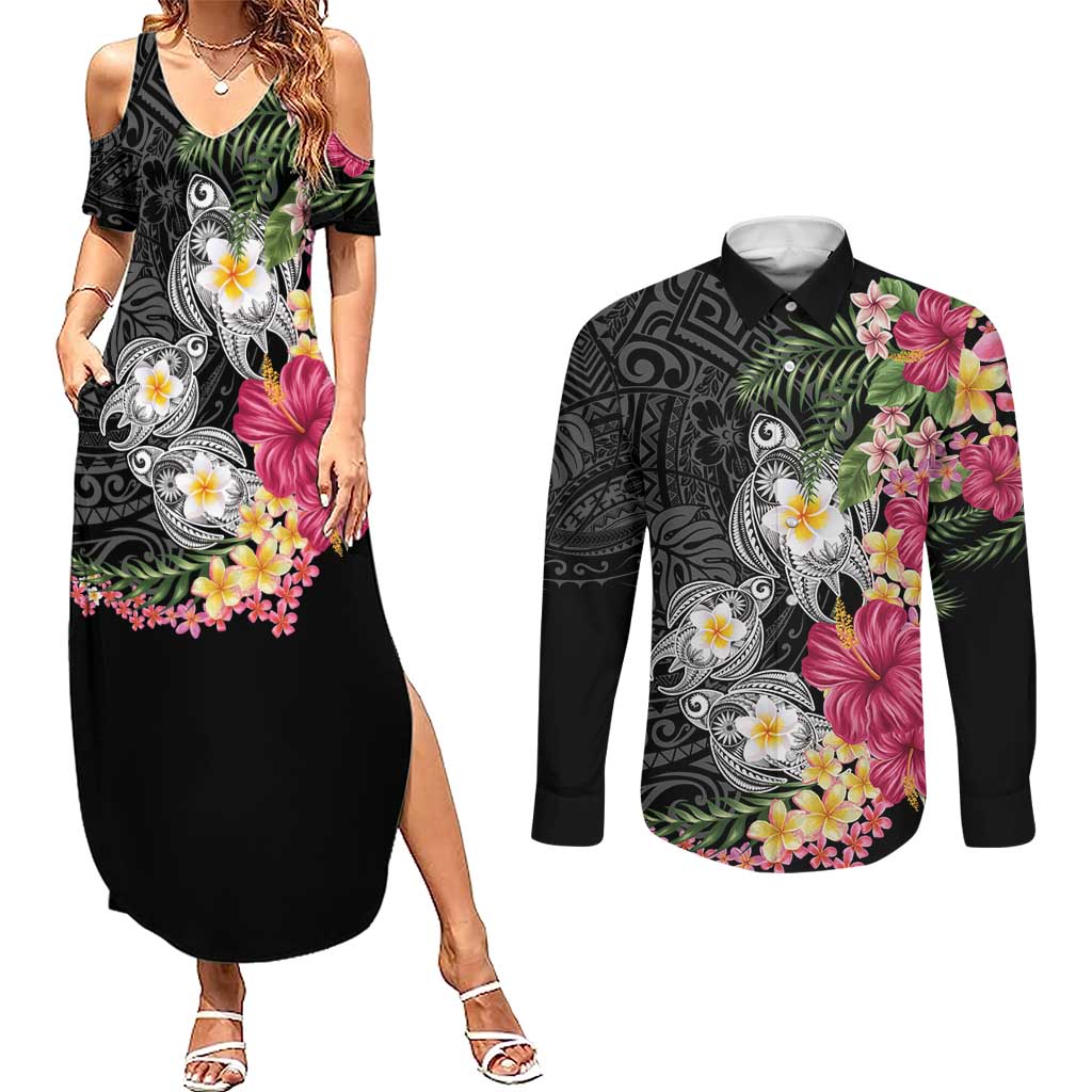 Hawaiian Tropical Flowers and Tribal Turtles Couples Matching Summer Maxi Dress and Long Sleeve Button Shirt Polynesian Art Motifs Black Color - Polynesian Pride