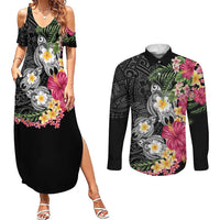 Hawaiian Tropical Flowers and Tribal Turtles Couples Matching Summer Maxi Dress and Long Sleeve Button Shirt Polynesian Art Motifs Black Color - Polynesian Pride