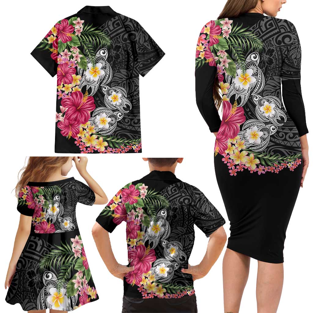 Hawaiian Tropical Flowers and Tribal Turtles Family Matching Long Sleeve Bodycon Dress and Hawaiian Shirt Polynesian Art Motifs Black Color - Polynesian Pride