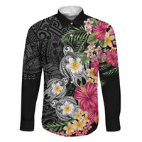 Hawaiian Tropical Flowers and Tribal Turtles Family Matching Long Sleeve Bodycon Dress and Hawaiian Shirt Polynesian Art Motifs Black Color - Polynesian Pride
