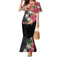 Hawaiian Tropical Flowers and Tribal Turtles Family Matching Mermaid Dress and Hawaiian Shirt Polynesian Art Motifs Black Color - Polynesian Pride