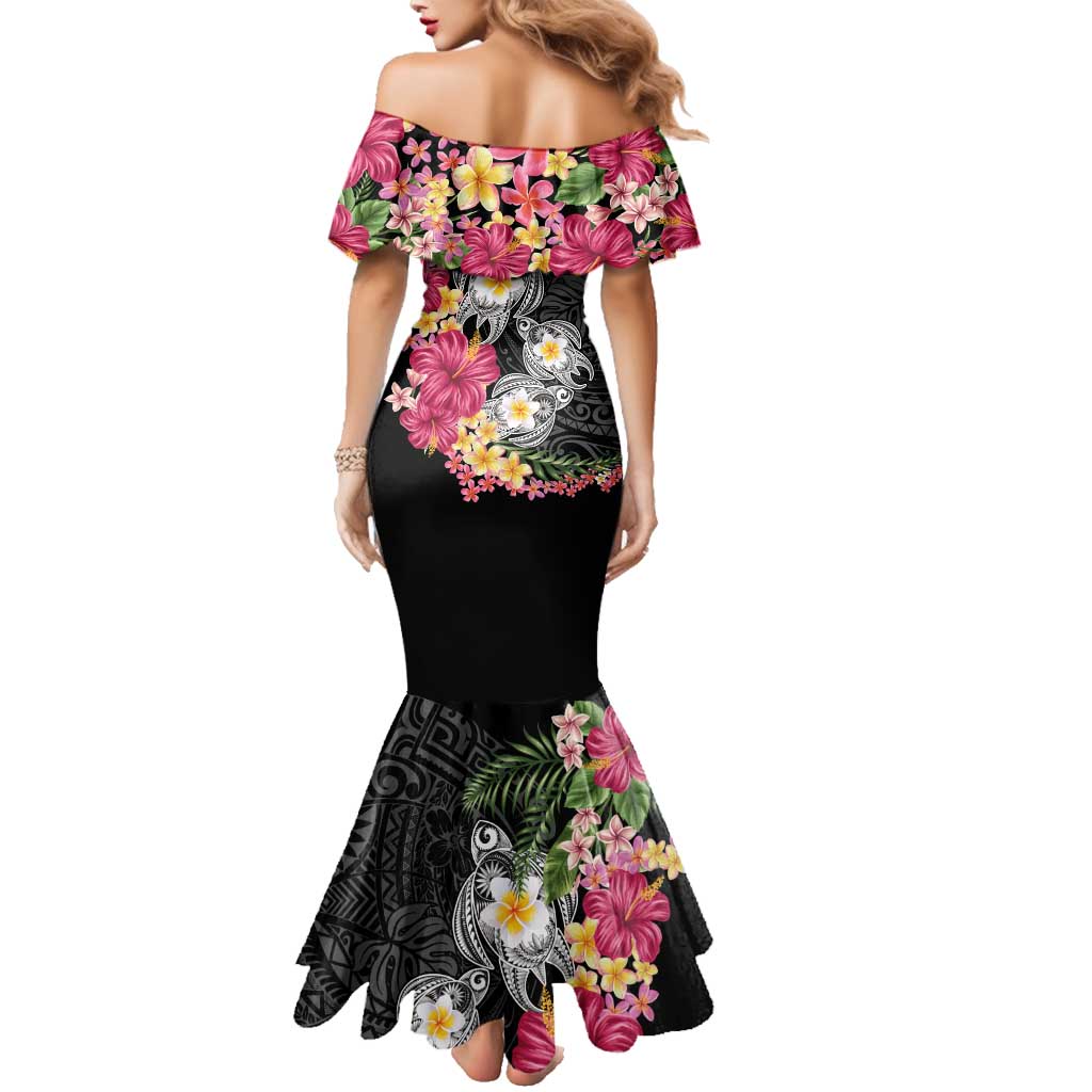 Hawaiian Tropical Flowers and Tribal Turtles Family Matching Mermaid Dress and Hawaiian Shirt Polynesian Art Motifs Black Color - Polynesian Pride