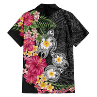 Hawaiian Tropical Flowers and Tribal Turtles Family Matching Off The Shoulder Long Sleeve Dress and Hawaiian Shirt Polynesian Art Motifs Black Color - Polynesian Pride