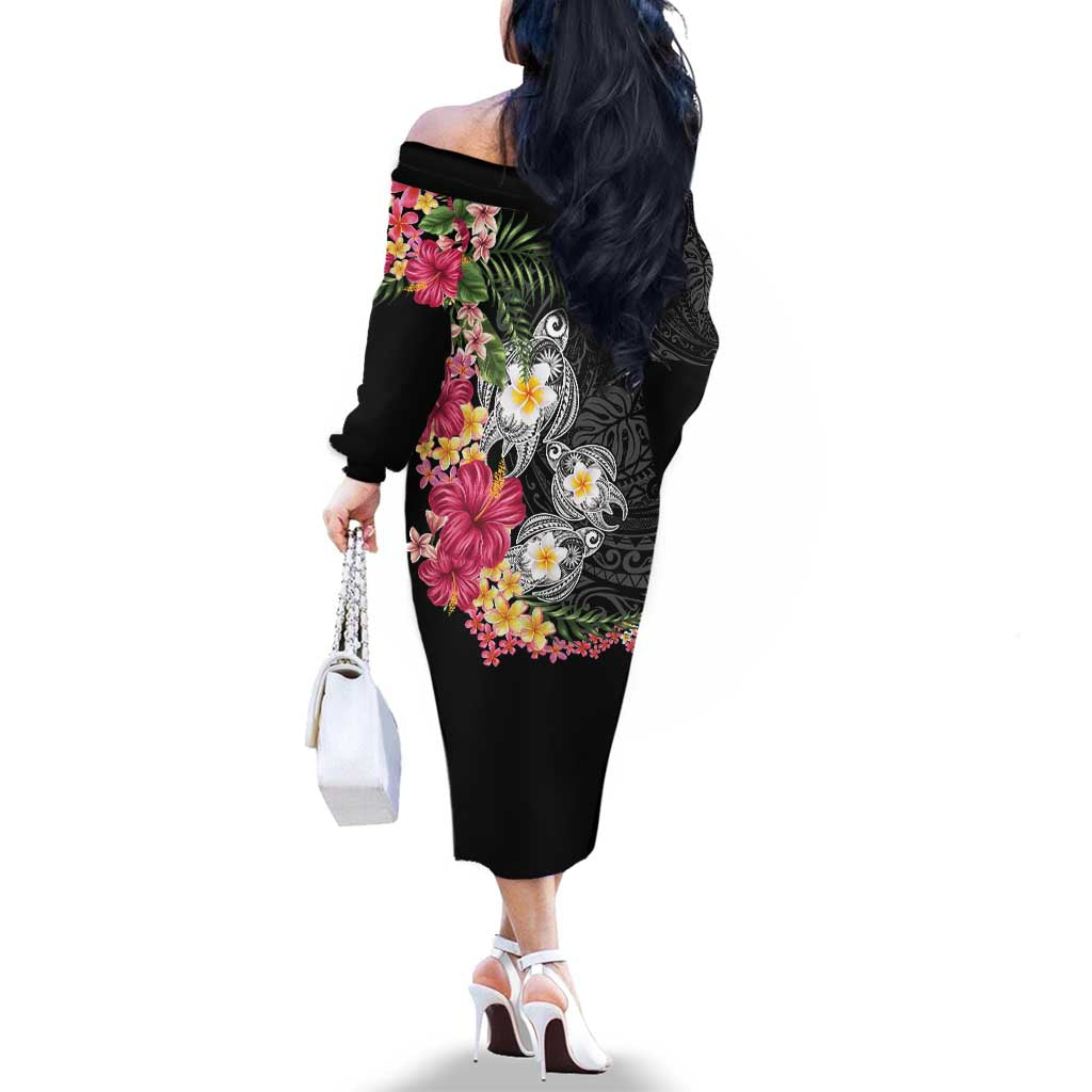 Hawaiian Tropical Flowers and Tribal Turtles Family Matching Off The Shoulder Long Sleeve Dress and Hawaiian Shirt Polynesian Art Motifs Black Color - Polynesian Pride