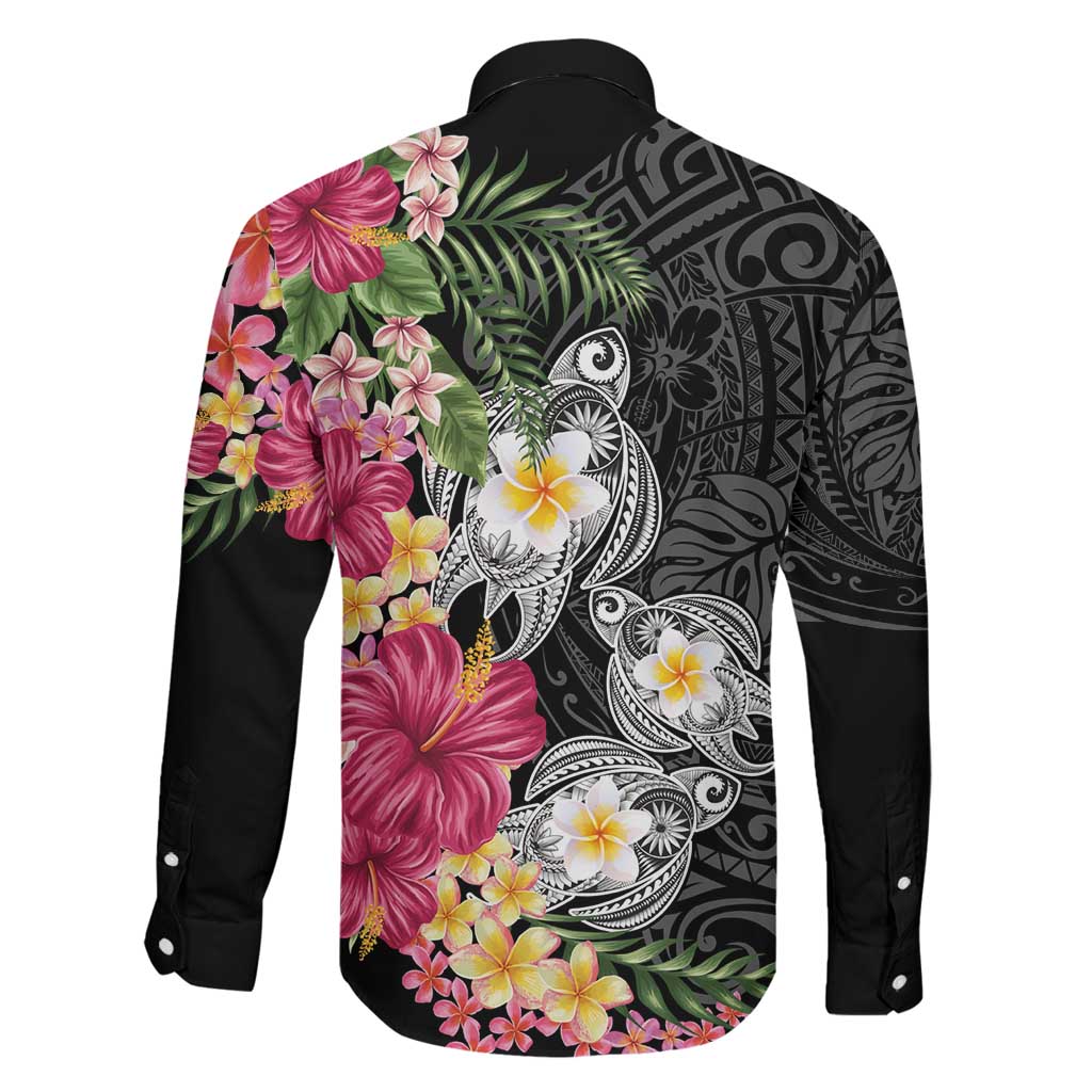 Hawaiian Tropical Flowers and Tribal Turtles Family Matching Off Shoulder Short Dress and Hawaiian Shirt Polynesian Art Motifs Black Color - Polynesian Pride