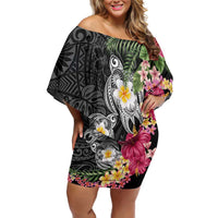 Hawaiian Tropical Flowers and Tribal Turtles Family Matching Off Shoulder Short Dress and Hawaiian Shirt Polynesian Art Motifs Black Color - Polynesian Pride