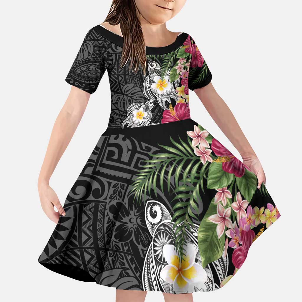 Hawaiian Tropical Flowers and Tribal Turtles Family Matching Puletasi and Hawaiian Shirt Polynesian Art Motifs Black Color - Polynesian Pride