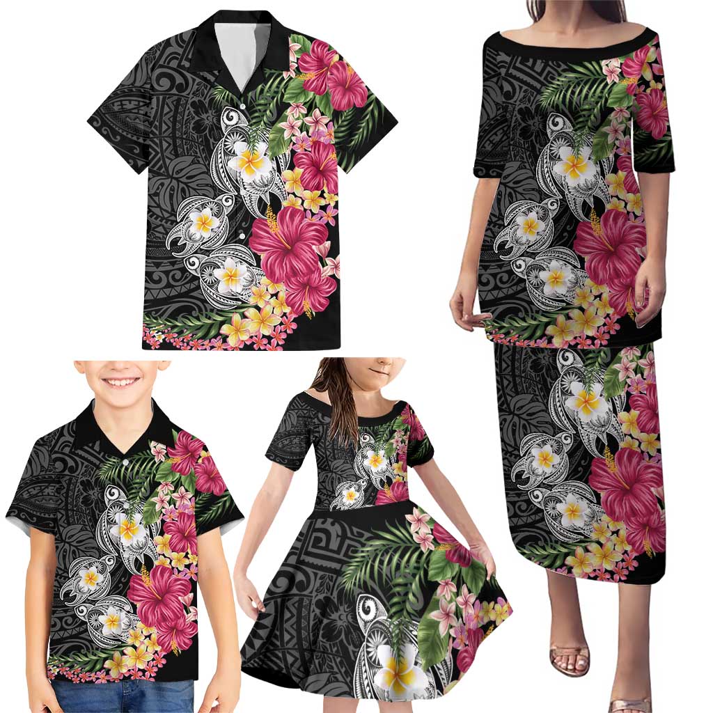Hawaiian Tropical Flowers and Tribal Turtles Family Matching Puletasi and Hawaiian Shirt Polynesian Art Motifs Black Color - Polynesian Pride