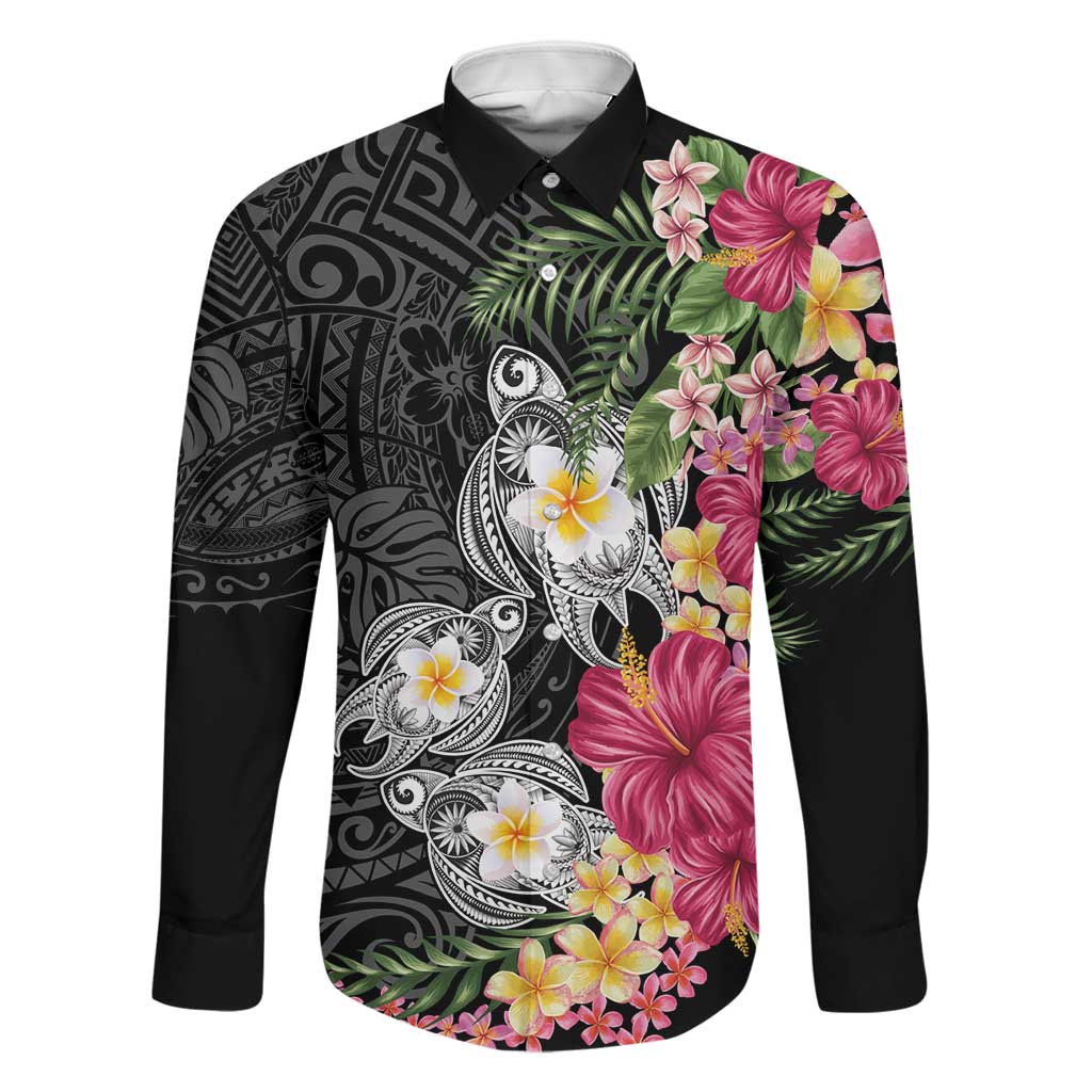 Hawaiian Tropical Flowers and Tribal Turtles Family Matching Puletasi and Hawaiian Shirt Polynesian Art Motifs Black Color - Polynesian Pride