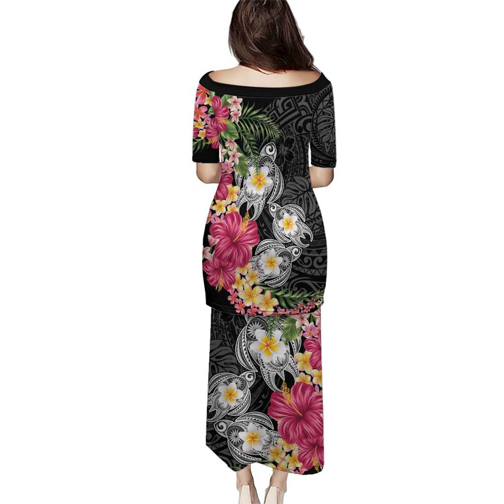 Hawaiian Tropical Flowers and Tribal Turtles Family Matching Puletasi and Hawaiian Shirt Polynesian Art Motifs Black Color - Polynesian Pride