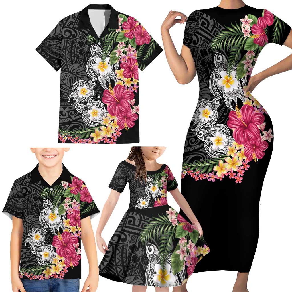 Hawaiian Tropical Flowers and Tribal Turtles Family Matching Short Sleeve Bodycon Dress and Hawaiian Shirt Polynesian Art Motifs Black Color - Polynesian Pride