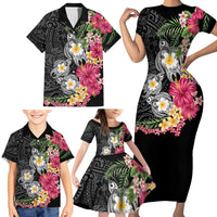 Hawaiian Tropical Flowers and Tribal Turtles Family Matching Short Sleeve Bodycon Dress and Hawaiian Shirt Polynesian Art Motifs Black Color - Polynesian Pride