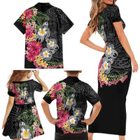 Hawaiian Tropical Flowers and Tribal Turtles Family Matching Short Sleeve Bodycon Dress and Hawaiian Shirt Polynesian Art Motifs Black Color - Polynesian Pride