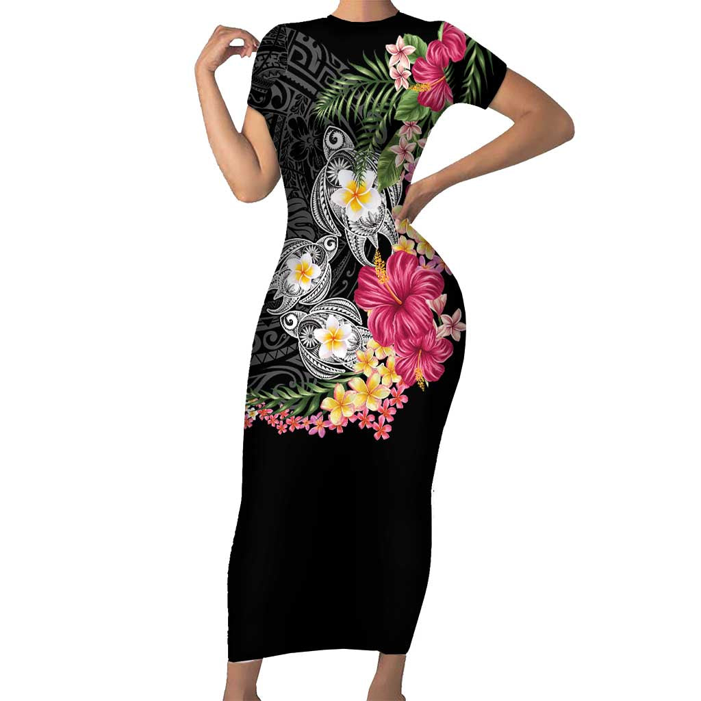 Hawaiian Tropical Flowers and Tribal Turtles Family Matching Short Sleeve Bodycon Dress and Hawaiian Shirt Polynesian Art Motifs Black Color - Polynesian Pride