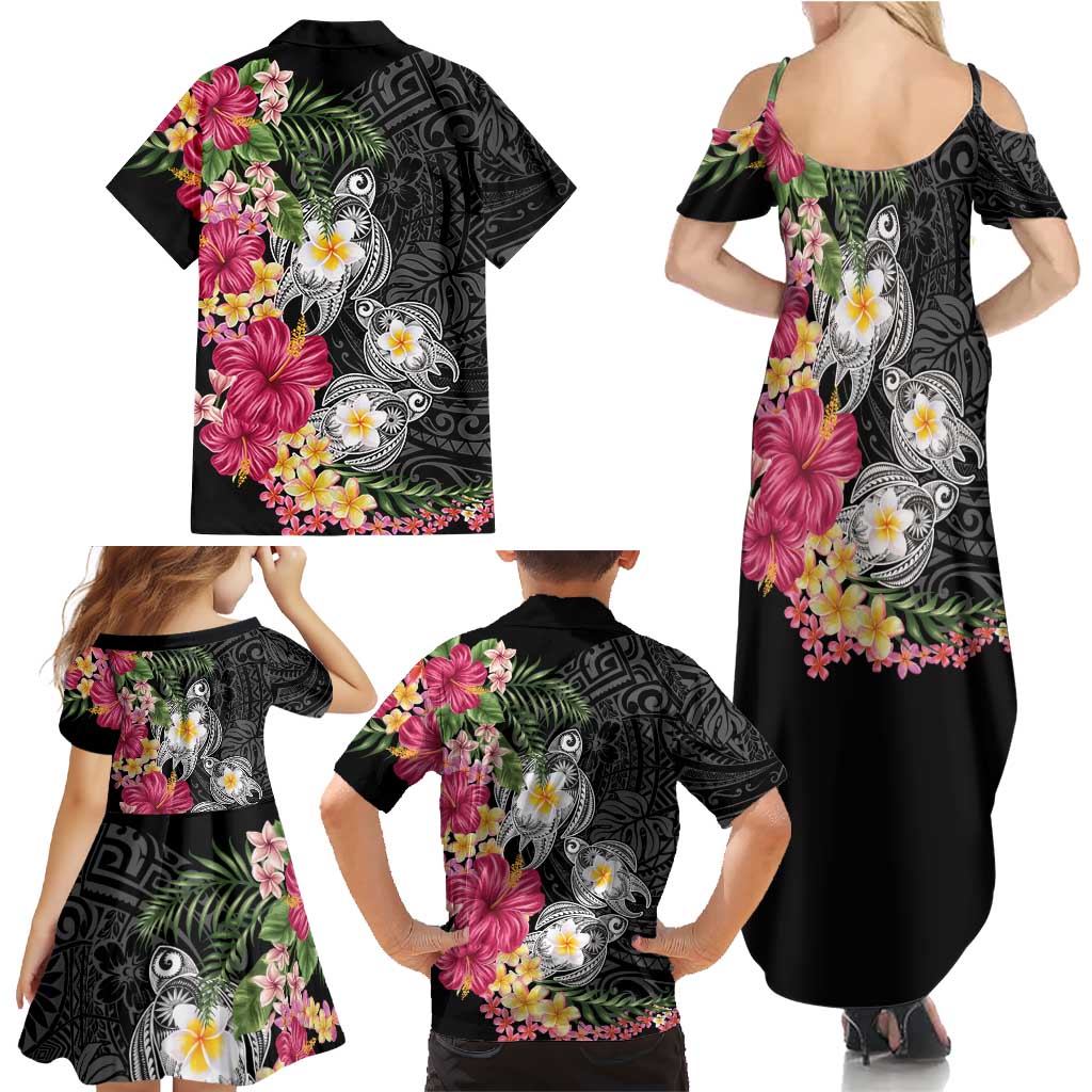 Hawaiian Tropical Flowers and Tribal Turtles Family Matching Summer Maxi Dress and Hawaiian Shirt Polynesian Art Motifs Black Color - Polynesian Pride