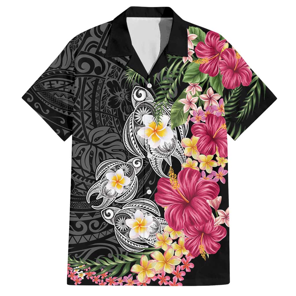 Hawaiian Tropical Flowers and Tribal Turtles Hawaiian Shirt Polynesian Art Motifs Black Color LT03 Black - Polynesian Pride