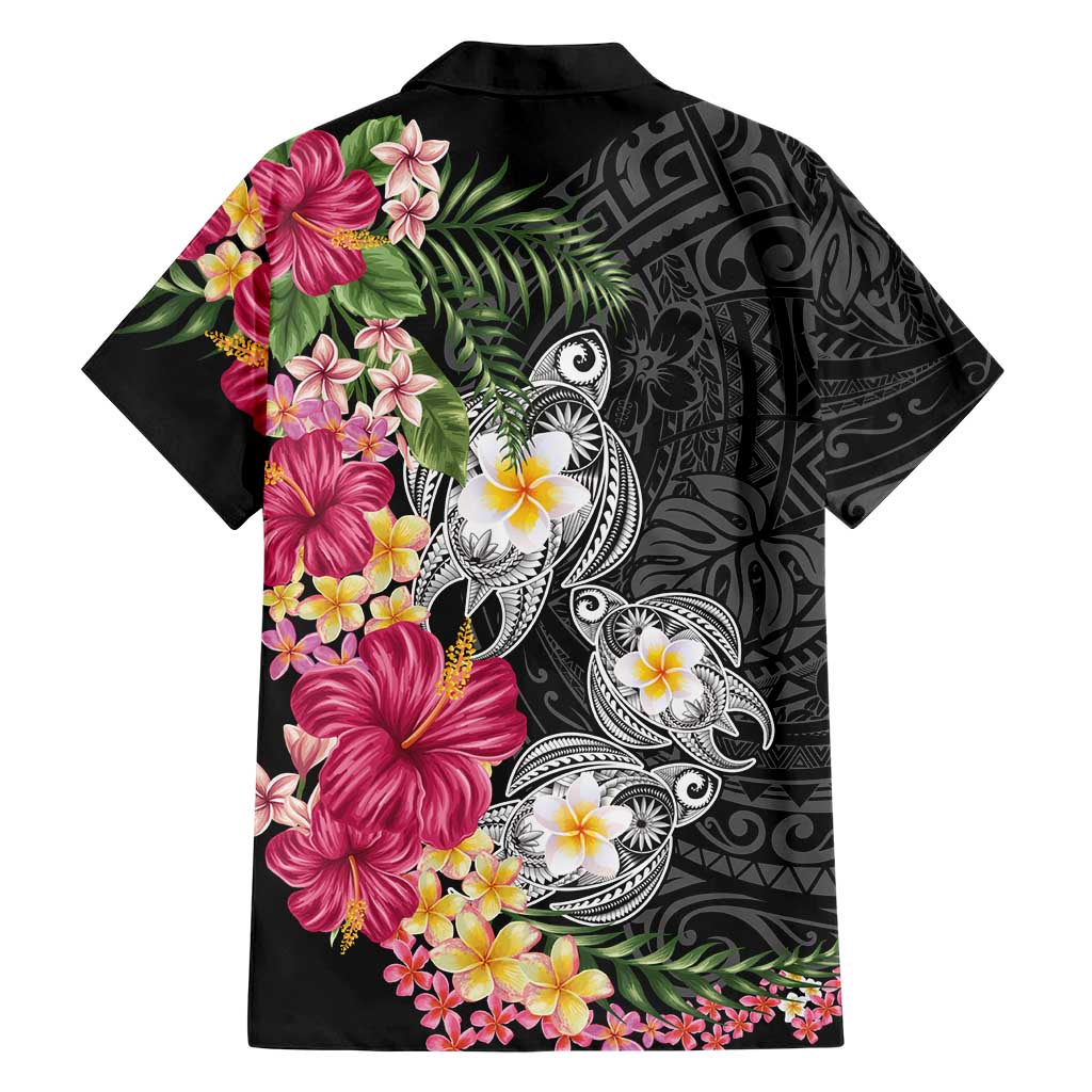 Hawaiian Tropical Flowers and Tribal Turtles Hawaiian Shirt Polynesian Art Motifs Black Color LT03 - Polynesian Pride