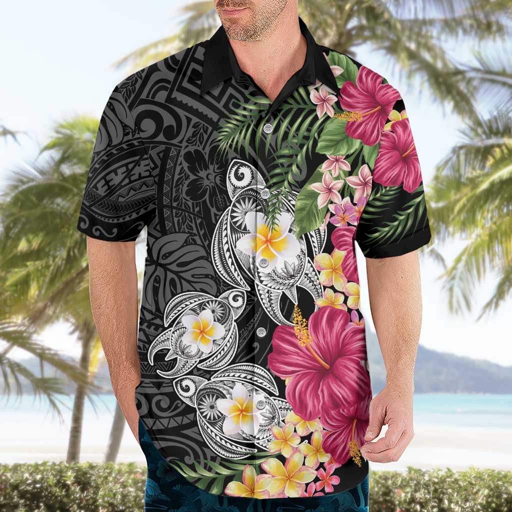 Hawaiian Tropical Flowers and Tribal Turtles Hawaiian Shirt Polynesian Art Motifs Black Color LT03 - Polynesian Pride