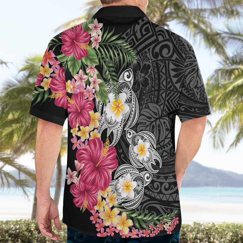 Hawaiian Tropical Flowers and Tribal Turtles Hawaiian Shirt Polynesian Art Motifs Black Color LT03 - Polynesian Pride