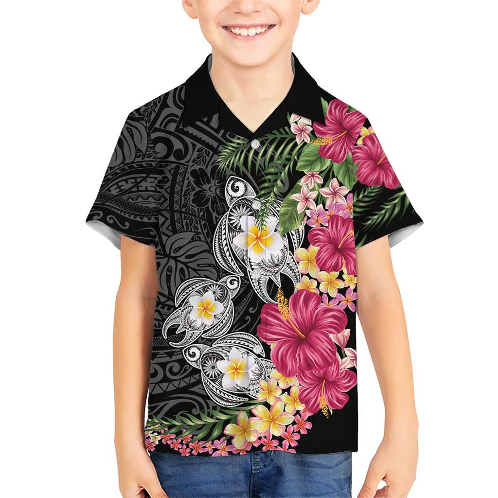 Hawaiian Tropical Flowers and Tribal Turtles Hawaiian Shirt Polynesian Art Motifs Black Color LT03 - Polynesian Pride