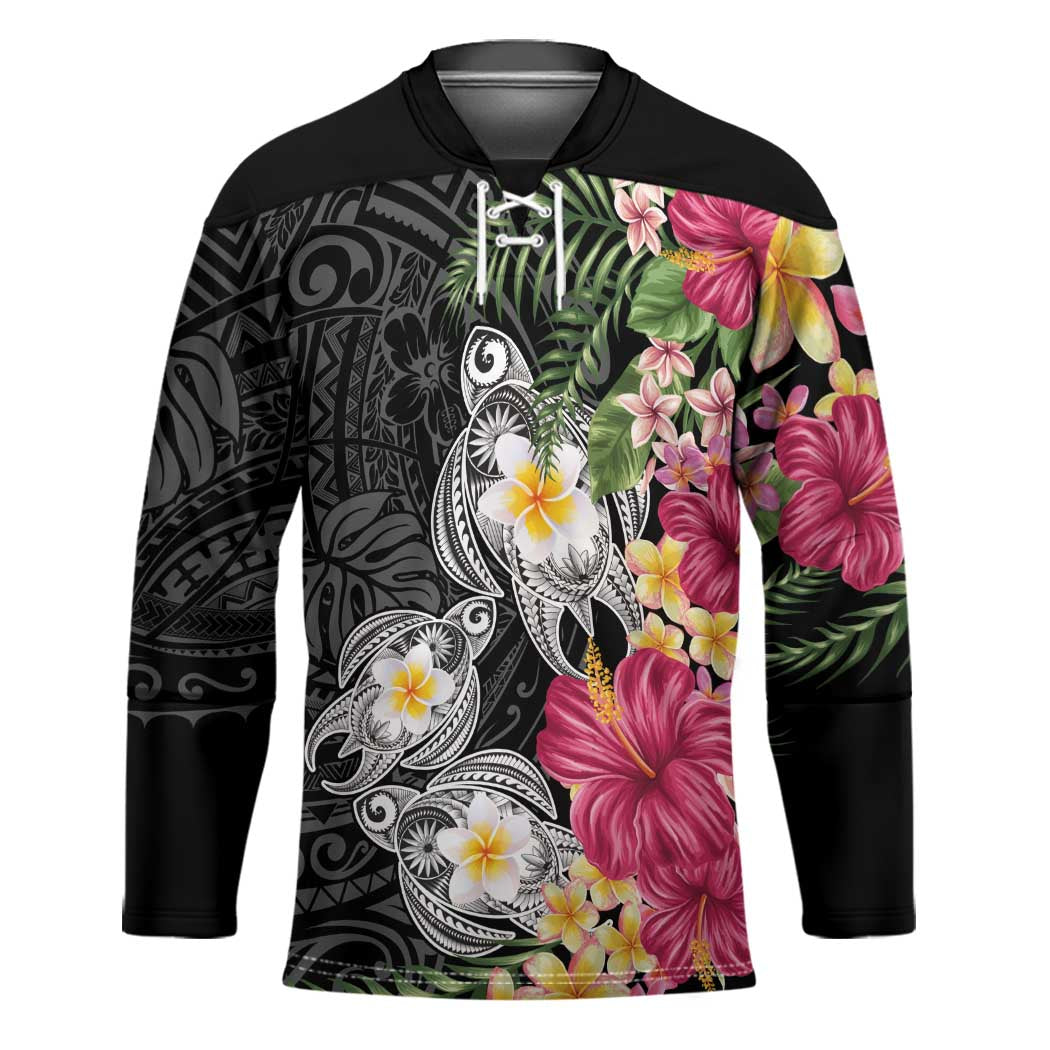 Hawaiian Tropical Flowers and Tribal Turtles Hockey Jersey Polynesian Art Motifs Black Color - Polynesian Pride