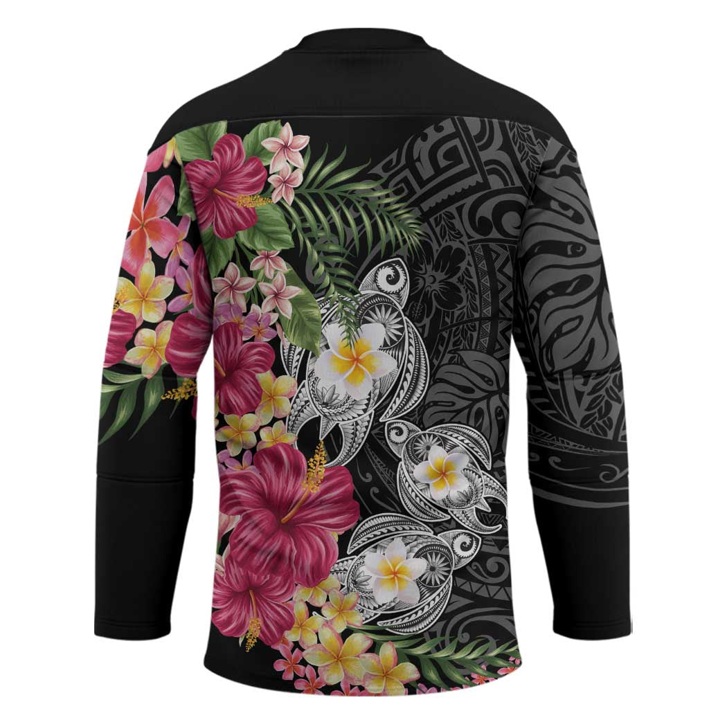 Hawaiian Tropical Flowers and Tribal Turtles Hockey Jersey Polynesian Art Motifs Black Color - Polynesian Pride