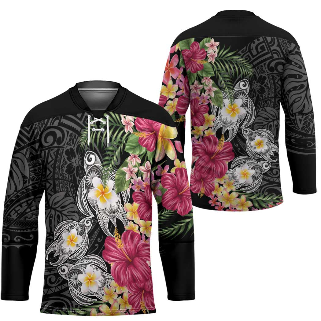 Hawaiian Tropical Flowers and Tribal Turtles Hockey Jersey Polynesian Art Motifs Black Color - Polynesian Pride