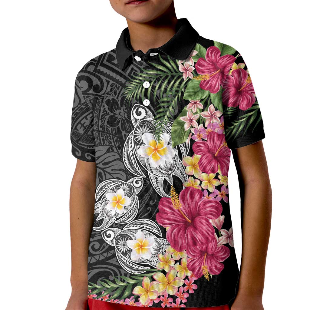 Hawaiian Tropical Flowers and Tribal Turtles Kid Polo Shirt Polynesian Art Motifs Black Color - Polynesian Pride