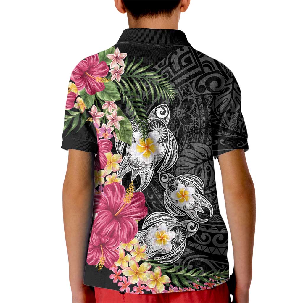 Hawaiian Tropical Flowers and Tribal Turtles Kid Polo Shirt Polynesian Art Motifs Black Color - Polynesian Pride