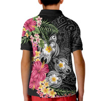 Hawaiian Tropical Flowers and Tribal Turtles Kid Polo Shirt Polynesian Art Motifs Black Color - Polynesian Pride