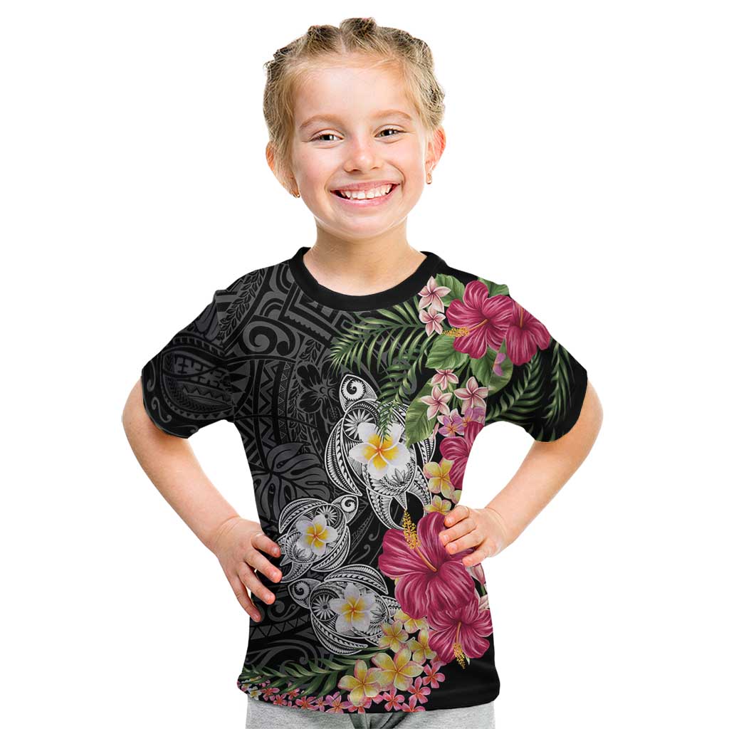 Hawaiian Tropical Flowers and Tribal Turtles Kid T Shirt Polynesian Art Motifs Black Color - Polynesian Pride