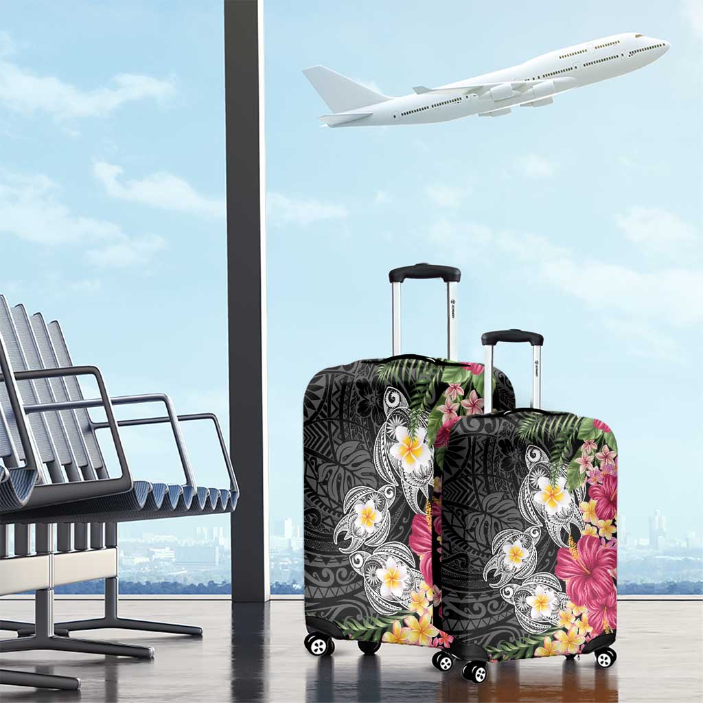 Hawaiian Tropical Flowers and Tribal Turtles Luggage Cover Polynesian Art Motifs Black Color - Polynesian Pride