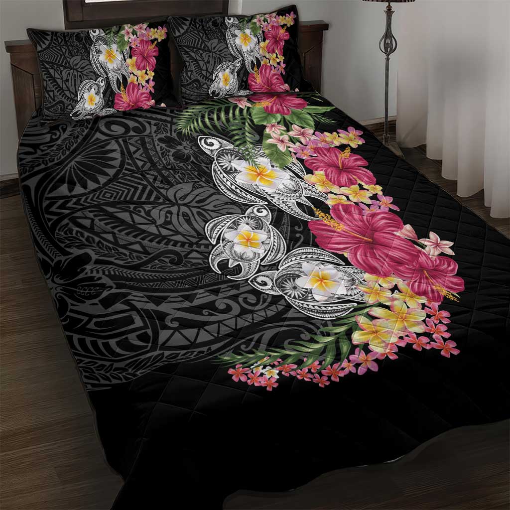 Hawaiian Tropical Flowers and Tribal Turtles Quilt Bed Set Polynesian Art Motifs Black Color LT03 Black - Polynesian Pride