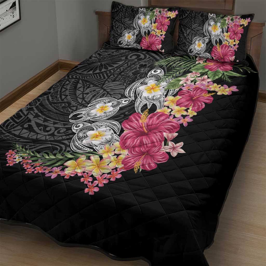 Hawaiian Tropical Flowers and Tribal Turtles Quilt Bed Set Polynesian Art Motifs Black Color LT03 - Polynesian Pride