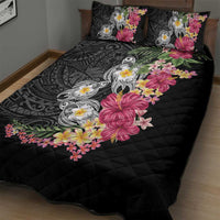 Hawaiian Tropical Flowers and Tribal Turtles Quilt Bed Set Polynesian Art Motifs Black Color LT03 - Polynesian Pride