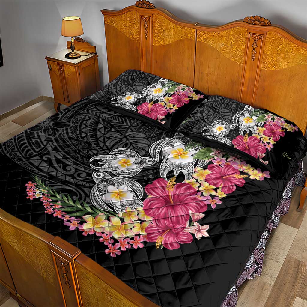 Hawaiian Tropical Flowers and Tribal Turtles Quilt Bed Set Polynesian Art Motifs Black Color LT03 - Polynesian Pride