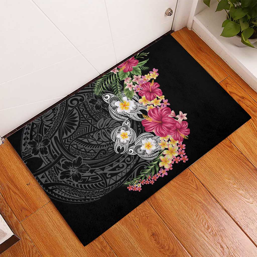 Hawaiian Tropical Flowers and Tribal Turtles Rubber Doormat Polynesian Art Motifs Black Color LT03 - Polynesian Pride