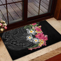 Hawaiian Tropical Flowers and Tribal Turtles Rubber Doormat Polynesian Art Motifs Black Color LT03 - Polynesian Pride