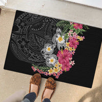 Hawaiian Tropical Flowers and Tribal Turtles Rubber Doormat Polynesian Art Motifs Black Color LT03 - Polynesian Pride