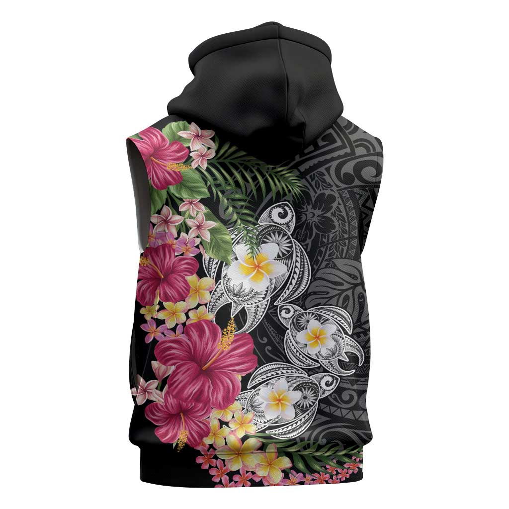 Hawaiian Tropical Flowers and Tribal Turtles Sleeveless Hoodie Polynesian Art Motifs Black Color - Polynesian Pride