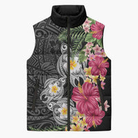 Hawaiian Tropical Flowers and Tribal Turtles Sleeveless Puffer Jacket Polynesian Art Motifs Black Color LT03 Unisex Black - Polynesian Pride