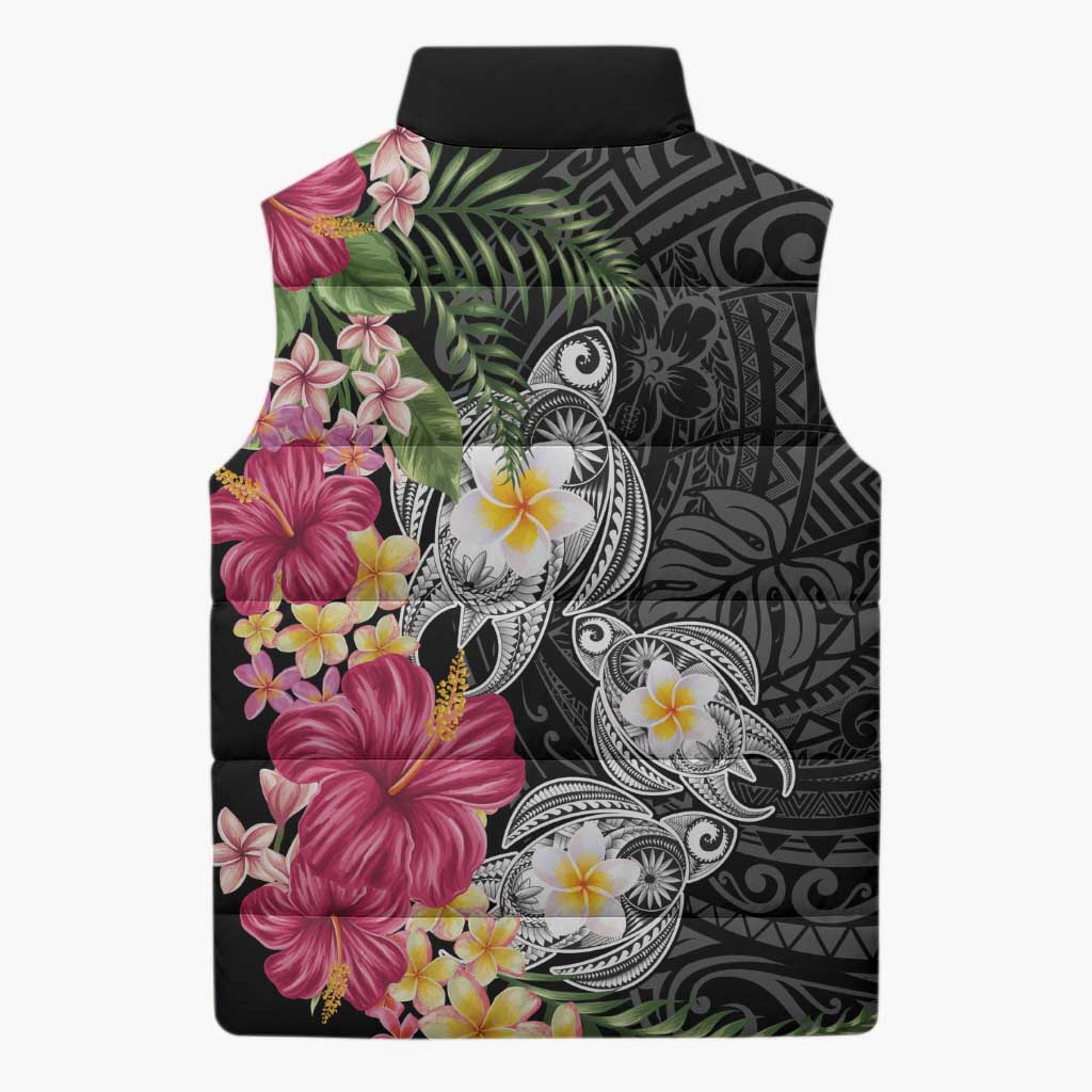 Hawaiian Tropical Flowers and Tribal Turtles Sleeveless Puffer Jacket Polynesian Art Motifs Black Color LT03 - Polynesian Pride