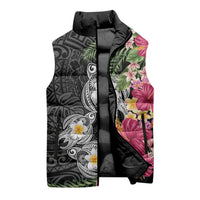 Hawaiian Tropical Flowers and Tribal Turtles Sleeveless Puffer Jacket Polynesian Art Motifs Black Color LT03 - Polynesian Pride