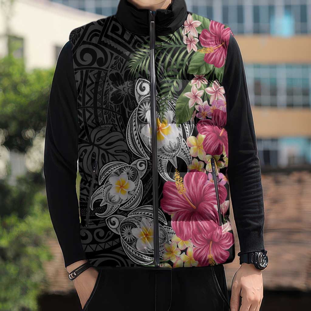 Hawaiian Tropical Flowers and Tribal Turtles Sleeveless Puffer Jacket Polynesian Art Motifs Black Color LT03 - Polynesian Pride