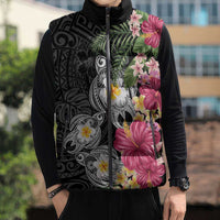 Hawaiian Tropical Flowers and Tribal Turtles Sleeveless Puffer Jacket Polynesian Art Motifs Black Color LT03 - Polynesian Pride